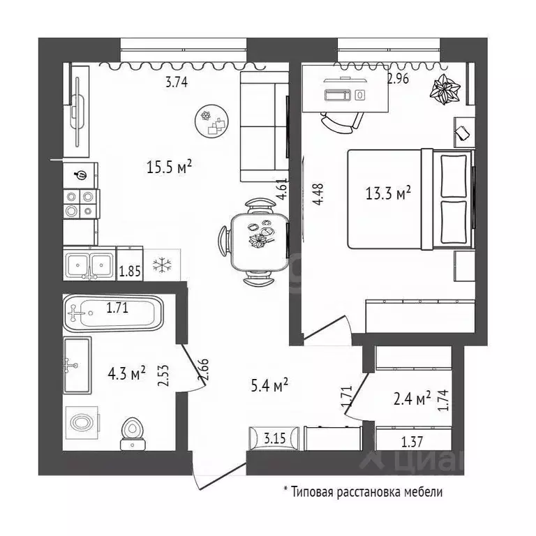 1-к кв. Тюменская область, Тюмень Новгородская ул., 22 (40.9 м) - Фото 2