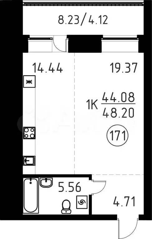 1-к. квартира, 48,2 м, 4/9 эт. - Фото 0