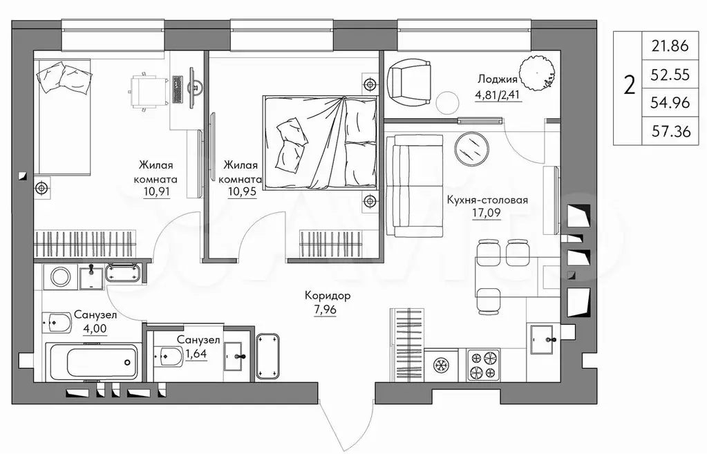 2-к. квартира, 57,4 м, 4/9 эт. - Фото 0