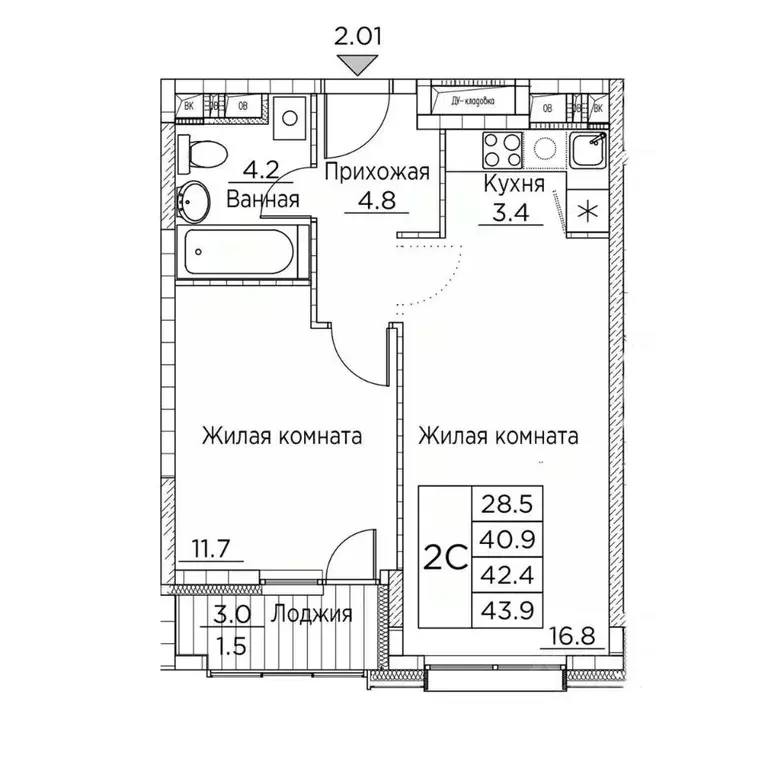 2-к кв. Приморский край, Владивосток ул. Расула Гамзатова, 7к2 (43.9 ... - Фото 1