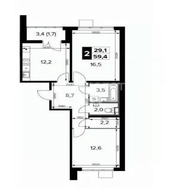 Квартира, 2 комнаты, 60 м - Фото 1