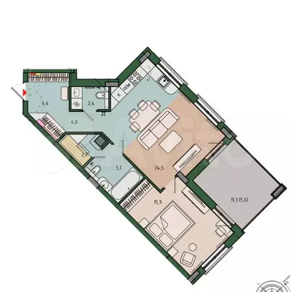 2-к. квартира, 65 м, 7/12 эт. - Фото 1