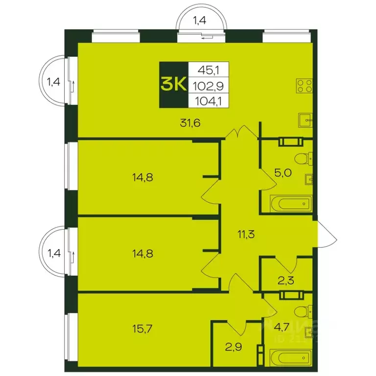 3-к кв. Чувашия, Чебоксары просп. Чебоксарский (104.1 м) - Фото 1