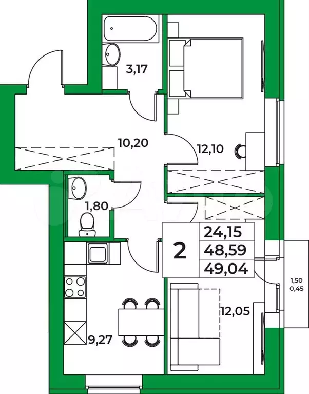 2-к. квартира, 49 м, 7/9 эт. - Фото 0