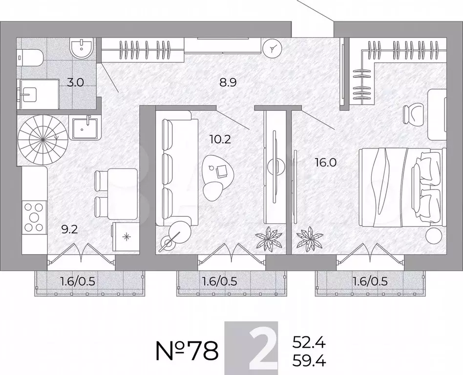 2-к. квартира, 59,4 м, 4/4 эт. - Фото 0