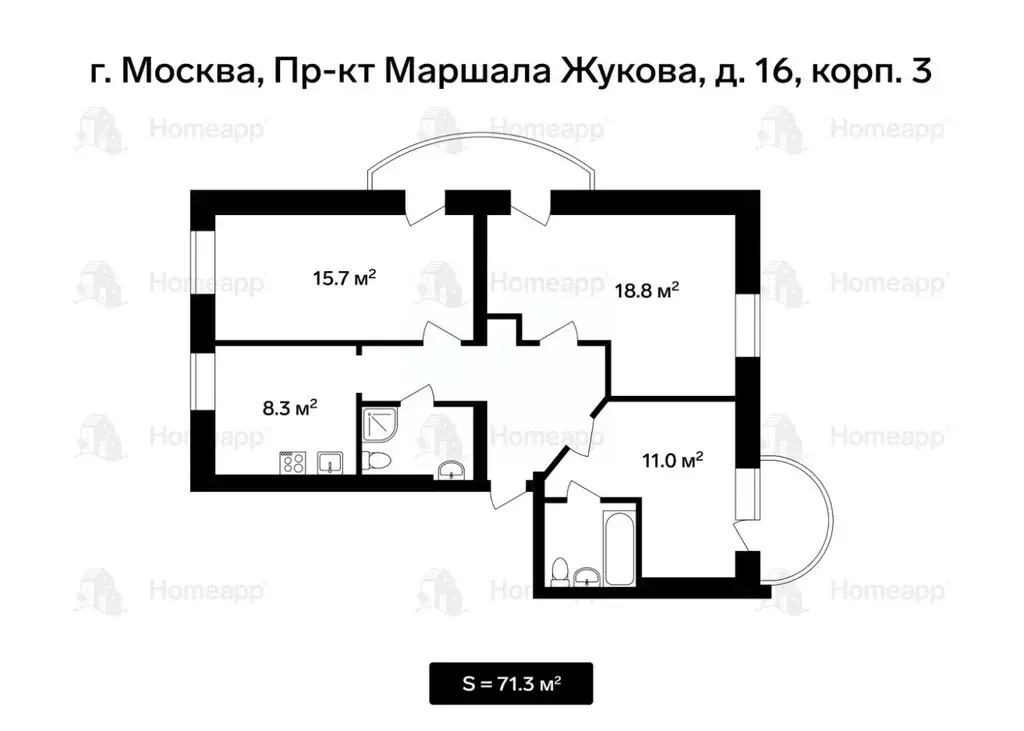 3-к кв. Москва просп. Маршала Жукова, 16К3 (71.3 м) - Фото 1