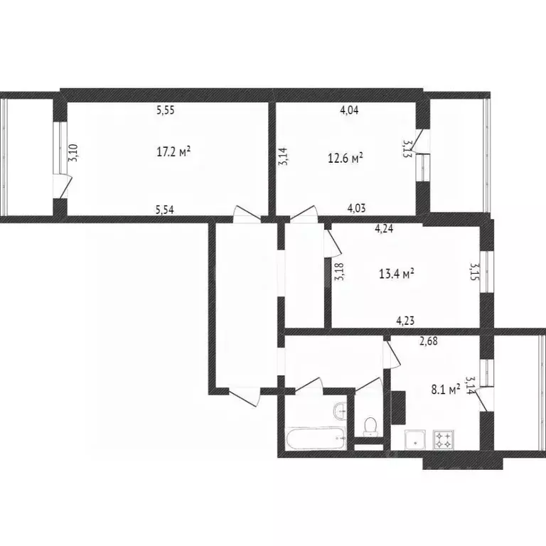 3-к кв. Белгородская область, Белгород ул. Есенина, 52 (68.7 м) - Фото 2