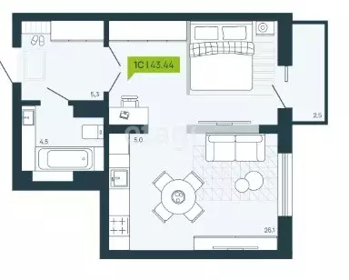 Продаётся 1-к квартира, 43.44 м - Фото 0