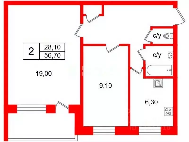 Квартира, 2 комнаты, 46.7 м - Фото 1
