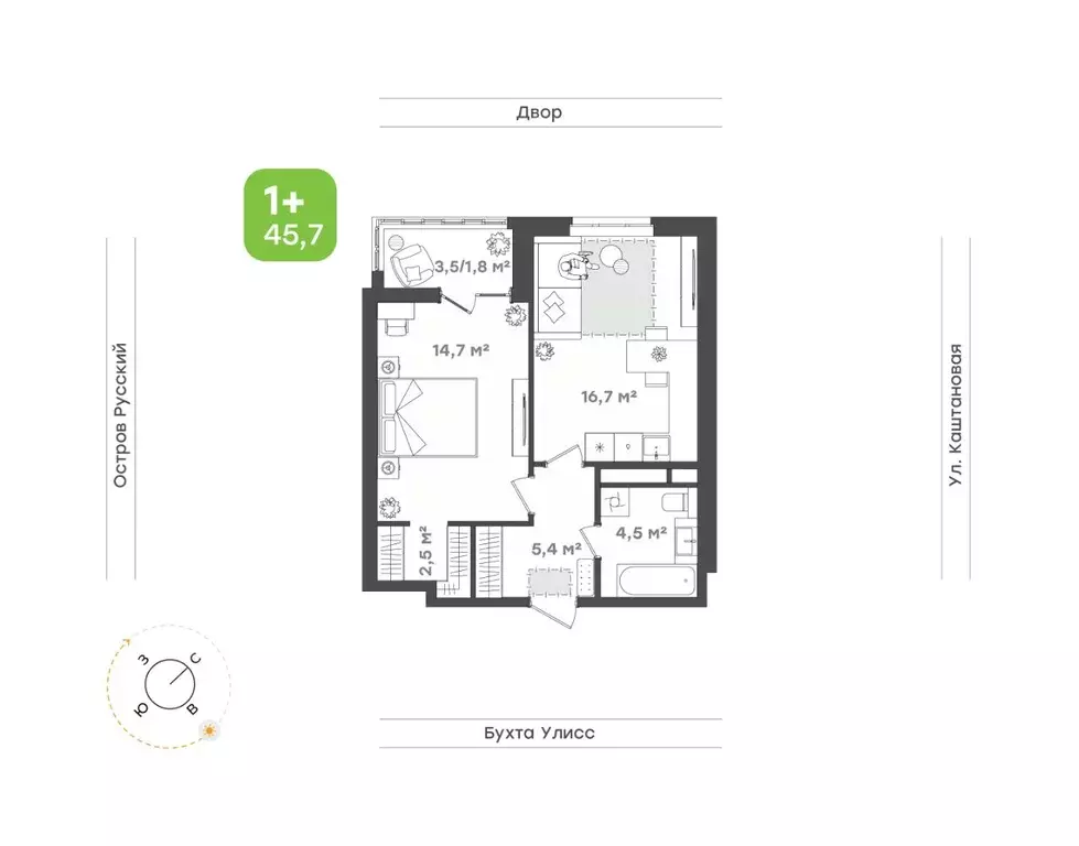 2-к кв. Приморский край, Владивосток ул. 3-я Поселковая, 16/2 (45.6 м) - Фото 1