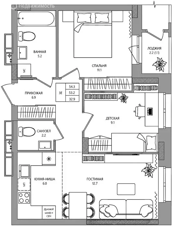3-комнатная квартира: деревня Кондратово, Водопроводная улица, 5 (54.3 ... - Фото 1