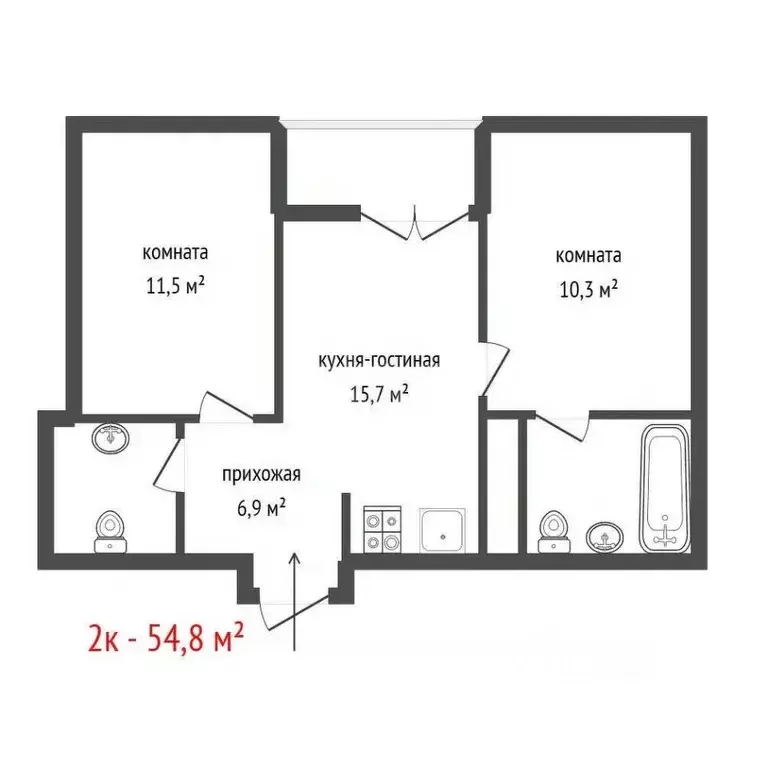 2-к кв. Свердловская область, Екатеринбург ул. 8 Марта, 204Г/1 (54.8 ... - Фото 2