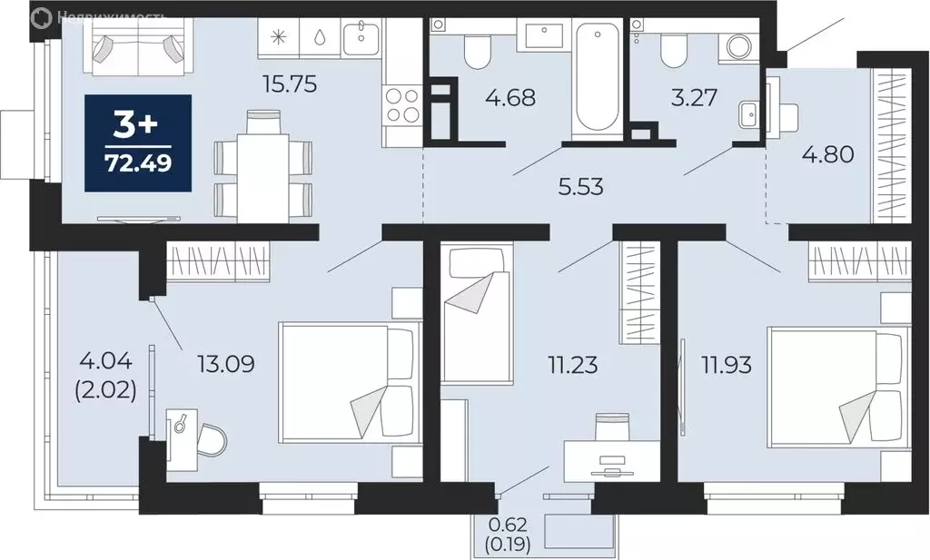 3-комнатная квартира: Тюмень, Арктическая улица, 6 (70.28 м) - Фото 0