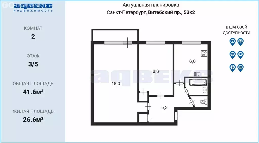 2-комнатная квартира: Санкт-Петербург, Витебский проспект, 53к2 (41.6 ... - Фото 2