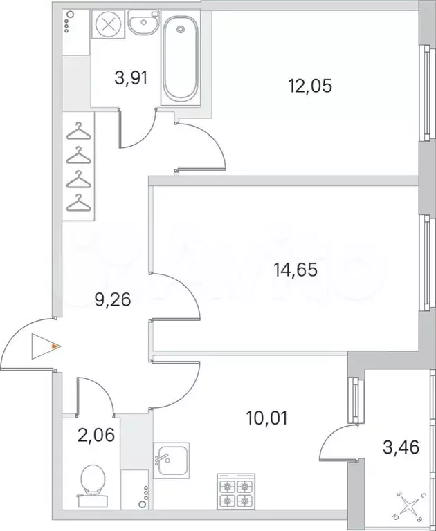 2-к. квартира, 53,7 м, 3/8 эт. - Фото 0