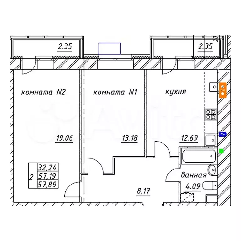 2-к. квартира, 57,9 м, 2/9 эт. - Фото 0