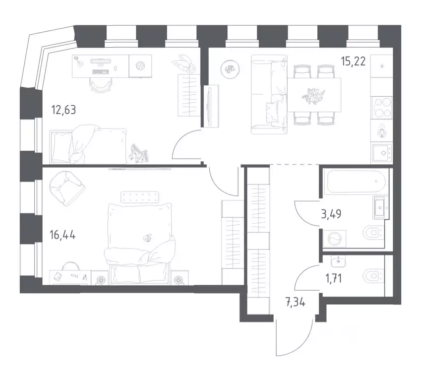 2-к кв. Татарстан, Казань Зилант Премьер жилой комплекс (56.83 м) - Фото 1