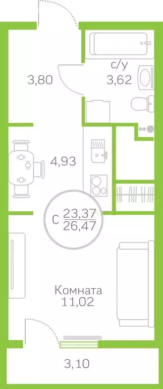 Квартира-студия: Тюмень, улица Вице-адмирала Воронцова, 7 (23.4 м) - Фото 1