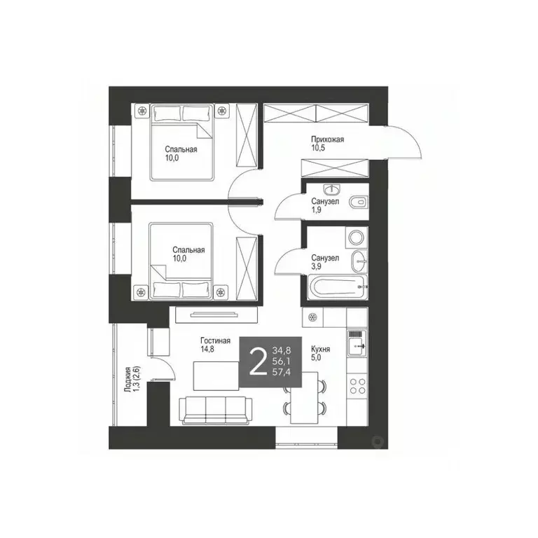 2-к кв. Татарстан, Альметьевск ул. Гафиатуллина, 60 (57.4 м) - Фото 0