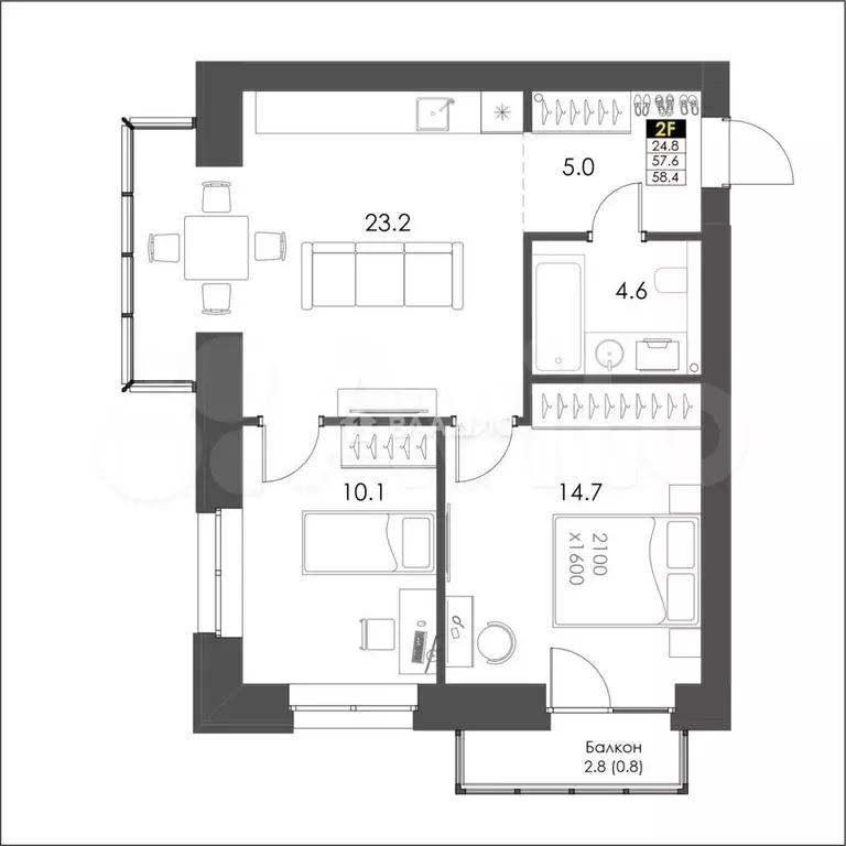 2-к. квартира, 58,4 м, 3/8 эт. - Фото 1