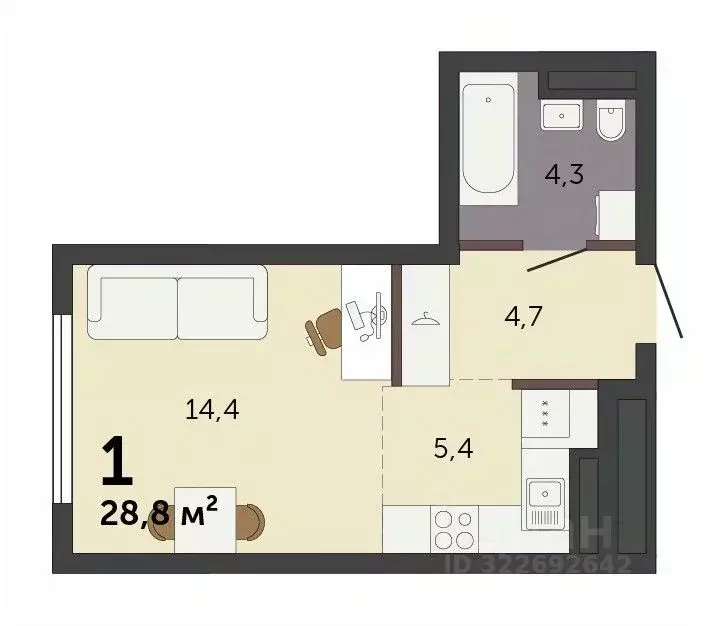 Студия Свердловская область, Екатеринбург Южный жилрайон,  (28.8 м) - Фото 2