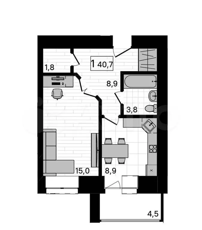 1-к. квартира, 40,7 м, 5/10 эт. - Фото 0