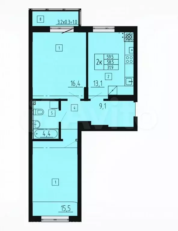 2-к. квартира, 59,5 м, 3/8 эт. - Фото 1