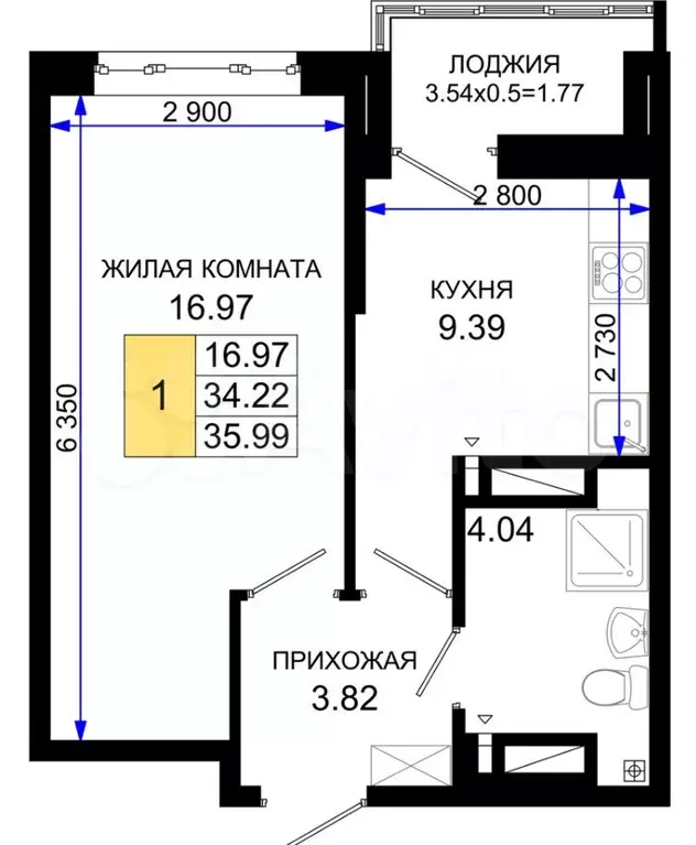 1-к. квартира, 36 м, 8/25 эт. - Фото 1