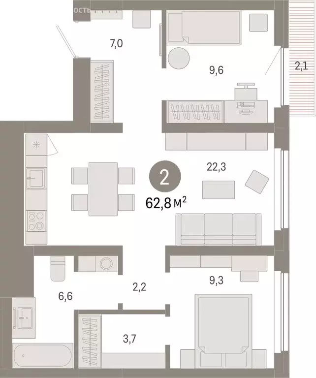 2-комнатная квартира: Новосибирск, квартал Лебедевский (62.8 м) - Фото 1