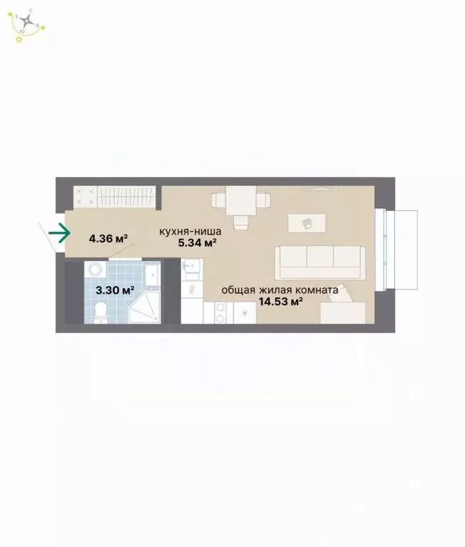 Студия Свердловская область, Екатеринбург Эльмаш жилрайон,  (27.53 м) - Фото 0