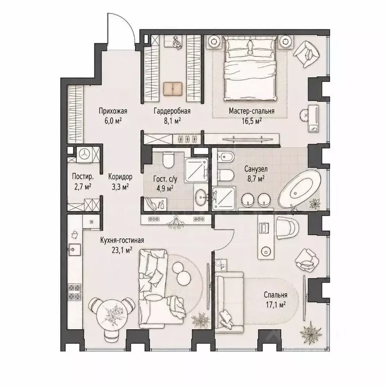 Квартира, 3 комнаты, 91.7 м - Фото 1