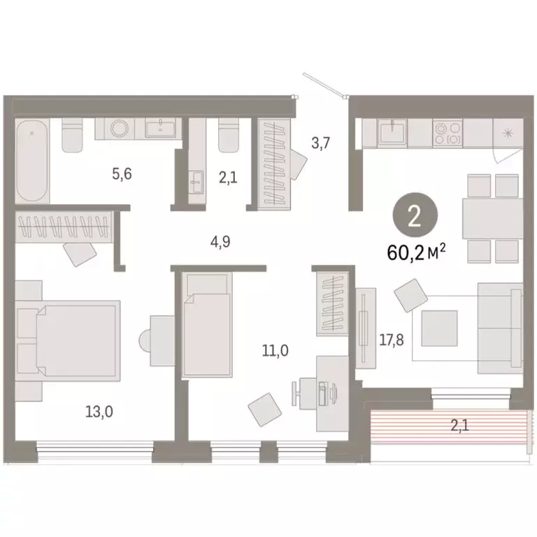2-комнатная квартира: Тюмень, улица Республики, 205к1 (60.22 м) - Фото 2