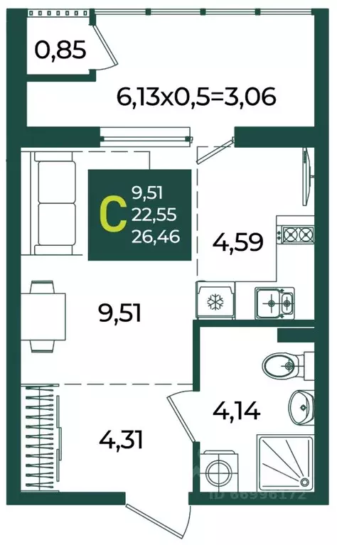 Студия Краснодарский край, Краснодар Образцово мкр,  (26.46 м) - Фото 1