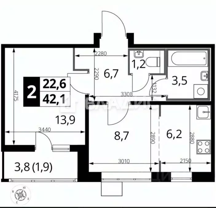 2-к кв. Московская область, Люберцы ул. Рождественская, 8 (42.1 м) - Фото 1