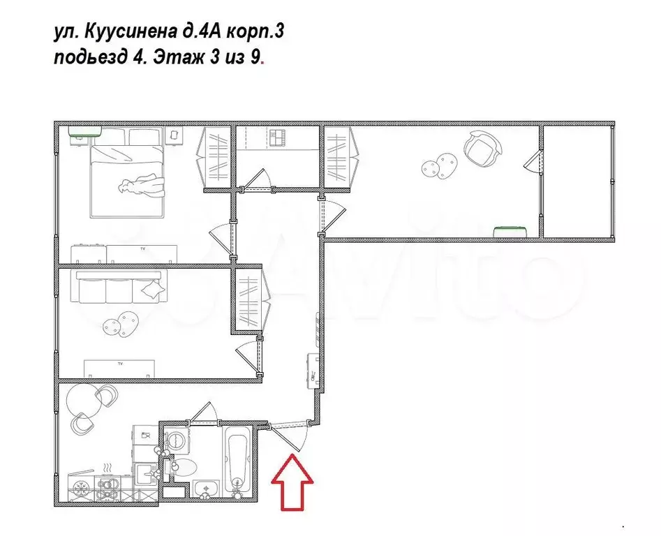 3-к. квартира, 61 м, 3/9 эт. - Фото 0