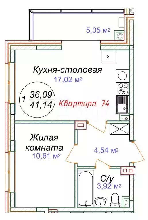 1-к. квартира, 41,1 м, 1/5 эт. - Фото 0