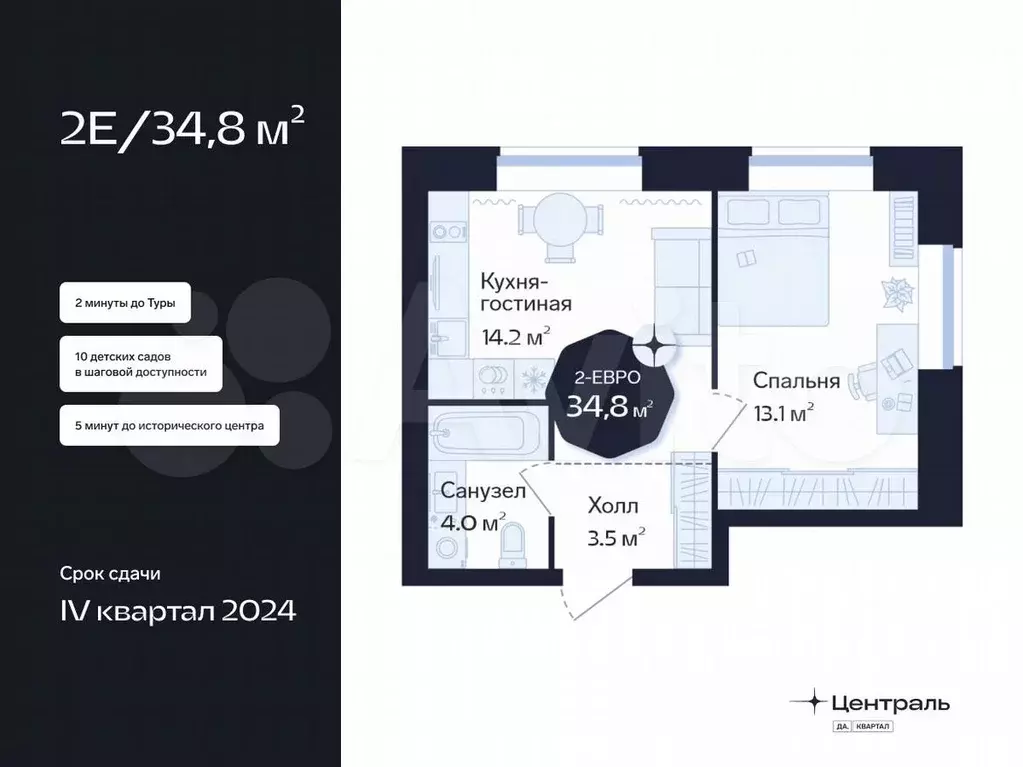 1-к. квартира, 34,8 м, 7/16 эт. - Фото 1