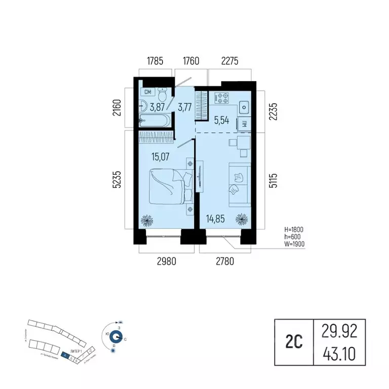 2-к кв. Башкортостан, Уфа Глумилино-1 мкр, Новатор жилой комплекс ... - Фото 1