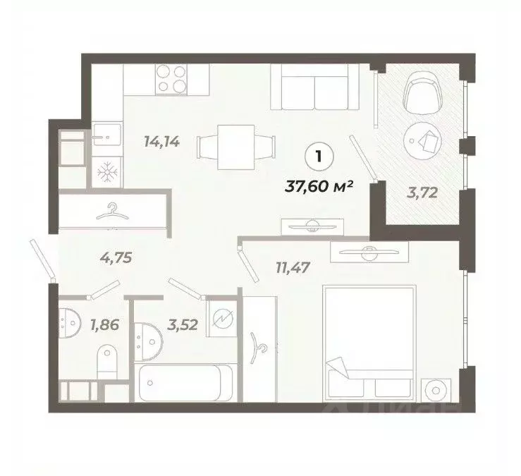 1-к кв. Санкт-Петербург ул. Коли Томчака, 21Д (37.6 м) - Фото 0