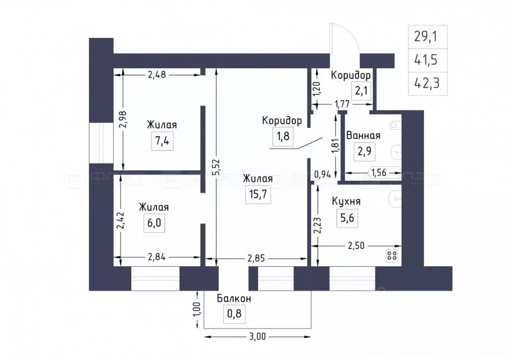 2-к кв. Татарстан, Казань ул. Жуковского, 27 (42.5 м) - Фото 1