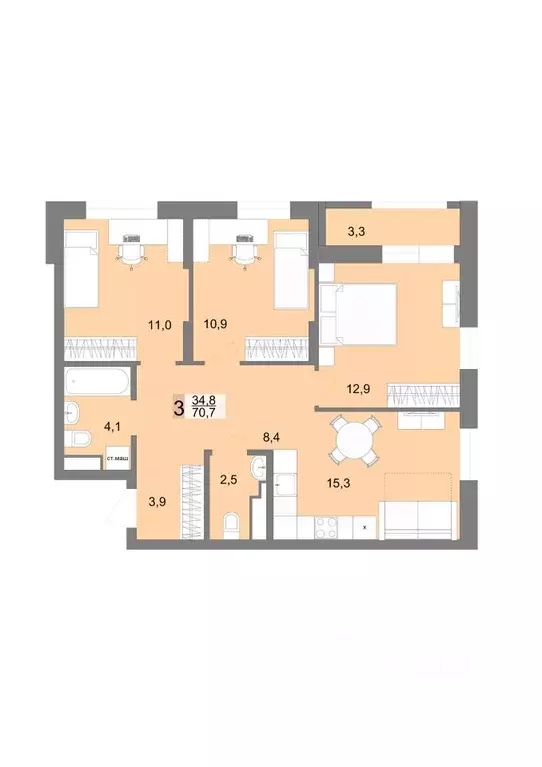 3-к кв. Свердловская область, Екатеринбург ул. Тенистая, 8Б (69.8 м) - Фото 0