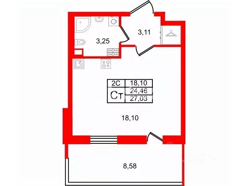 Студия Санкт-Петербург Пулковское ш., 99к6 (24.46 м) - Фото 1