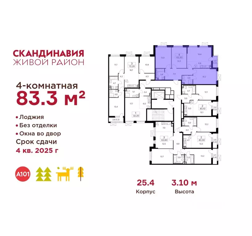 4-к кв. Москва Скандинавия жилой комплекс, 25.4 (83.3 м) - Фото 1