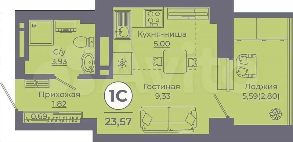 Квартира-студия, 23,6м, 7/24эт. - Фото 0