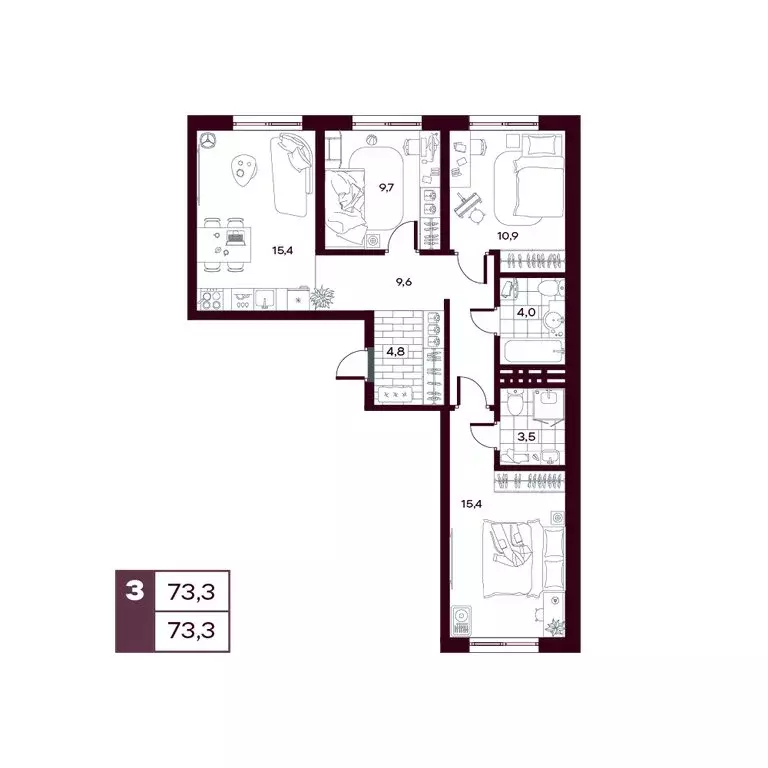 3-комнатная квартира: Дударева, ЖК Макс (73.3 м) - Фото 1