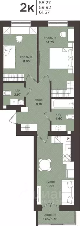 2-к кв. Калининградская область, Гурьевск  (59.92 м) - Фото 1