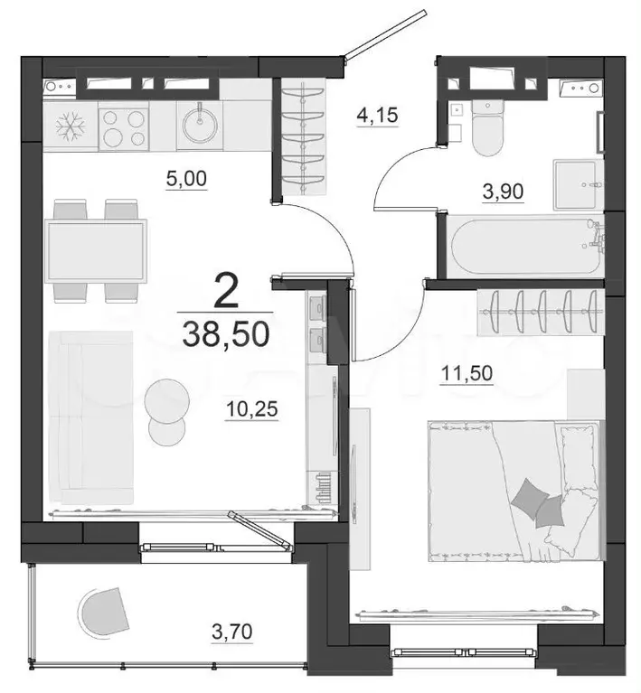 2-к. квартира, 38,5м, 12/17эт. - Фото 1