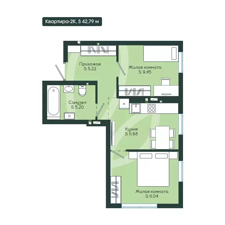 2-комнатная квартира: Новокузнецк, ЖК Клевер (42.79 м) - Фото 2