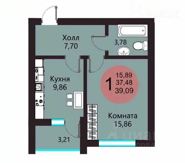 1-к кв. Воронежская область, Воронеж ул. Курчатова, 32 (39.09 м) - Фото 0