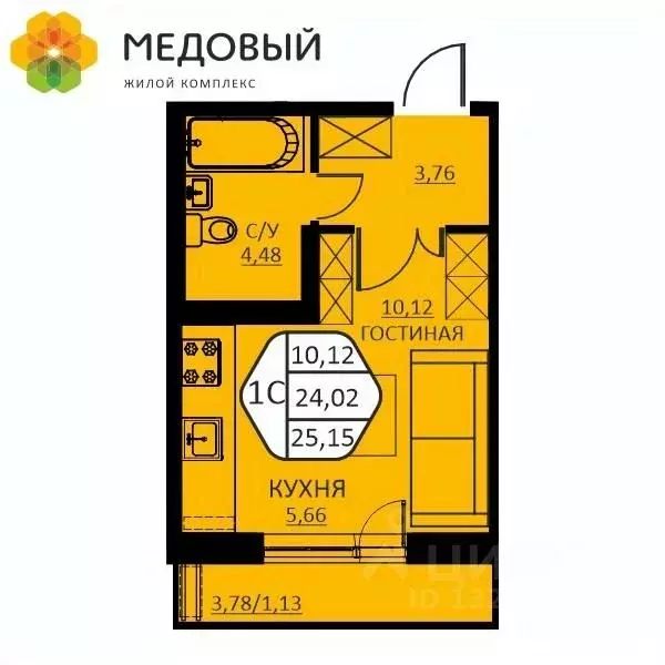 1-к кв. Пермский край, д. Кондратово ул. Н.М. Яблокова, 2 (25.15 м) - Фото 0